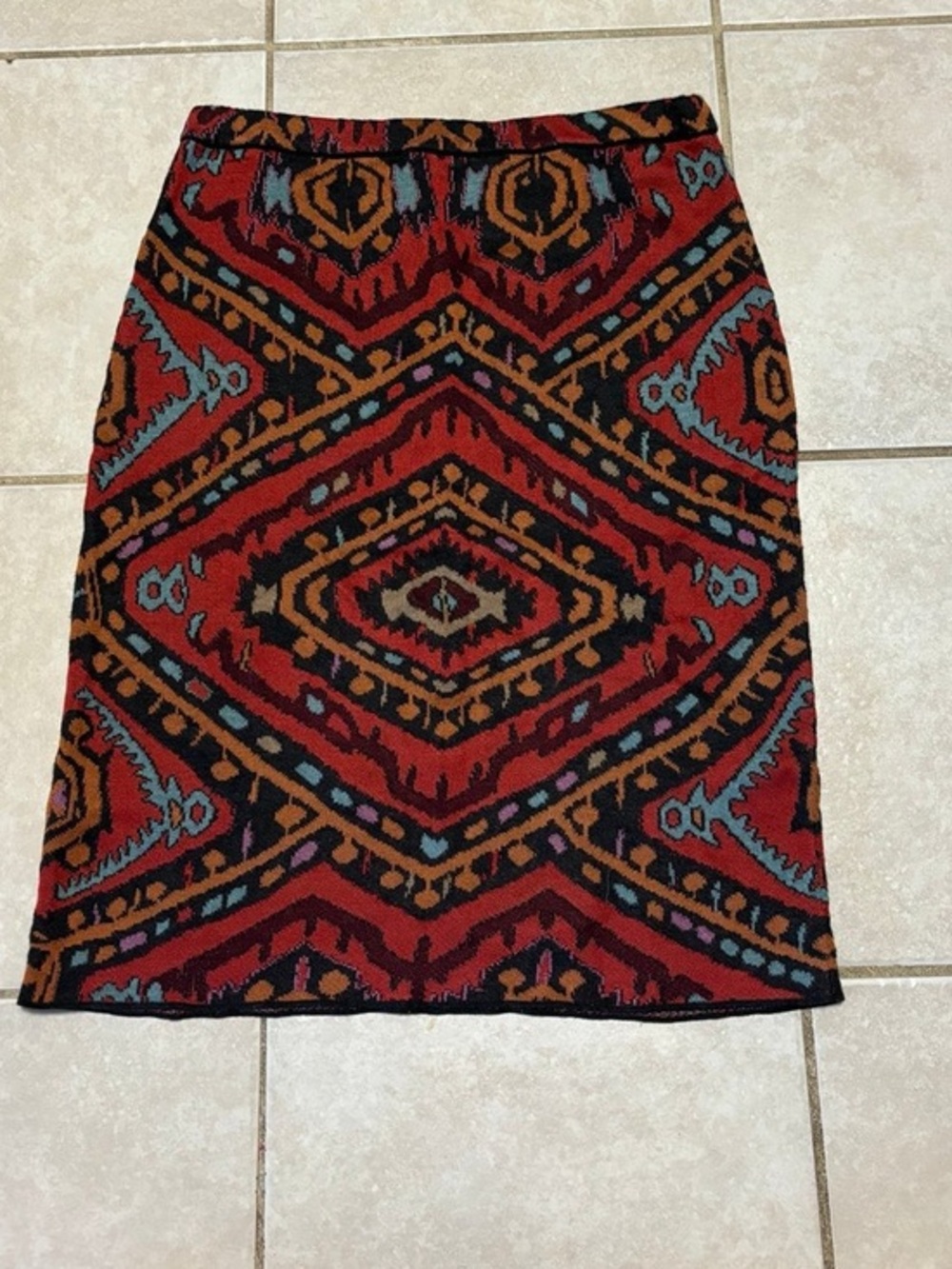 Peruvian Connection Red Aztec-Pattern Pencil Skirt with Teal & Mustard Accents